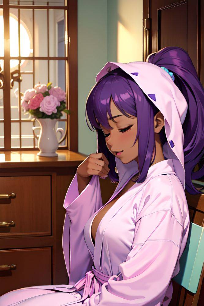 Anime Busty Small Tits 70s Age Happy Face Purple Hair Slicked Hair Style Dark Skin Vintage Wedding Side View Sleeping Bathrobe 3674458340675711780 - AI Hentai - #main