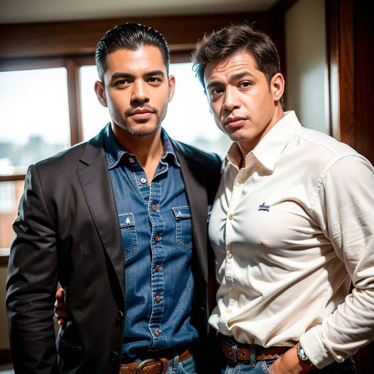 , latino,(2men:2), manly man,thirties,(RAW photo, best quality, masterpiece:1.1), (realistic, photo-realistic:1.2), ultra-detailed, ultra high res, physically-based rendering,(adult:1.5) - #main