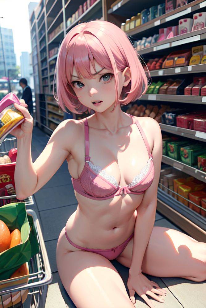 Anime Busty Small Tits 30s Age Angry Face Pink Hair Bobcut Hair Style Light Skin Soft + Warm Grocery Side View Straddling Bra 3674558843382306122 - AI Hentai - #main