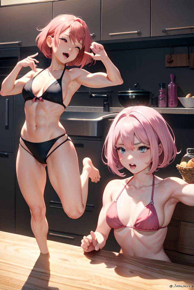 Anime Muscular Small Tits 40s Age Ahegao Face Pink Hair Bobcut Hair Style Light Skin Dark Fantasy Kitchen Side View Jumping Bikini 3674667076559659576 - AI Hentai - #main