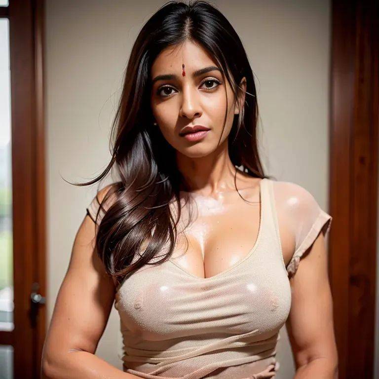 , Indian, brown skin, facial mark,woman,twenties,(RAW photo, best quality, masterpiece:1.1), (realistic, photo-realistic:1.2), ultra-detailed, ultra high res, physically-based rendering,huge breasts,perfect body,(wet:1.1),(adult:1.5) - #main
