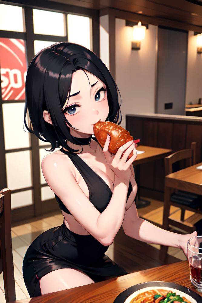 Anime Skinny Small Tits 60s Age Ahegao Face Black Hair Slicked Hair Style Dark Skin Soft + Warm Restaurant Front View Eating Mini Skirt 3675030430757185923 - AI Hentai - #main