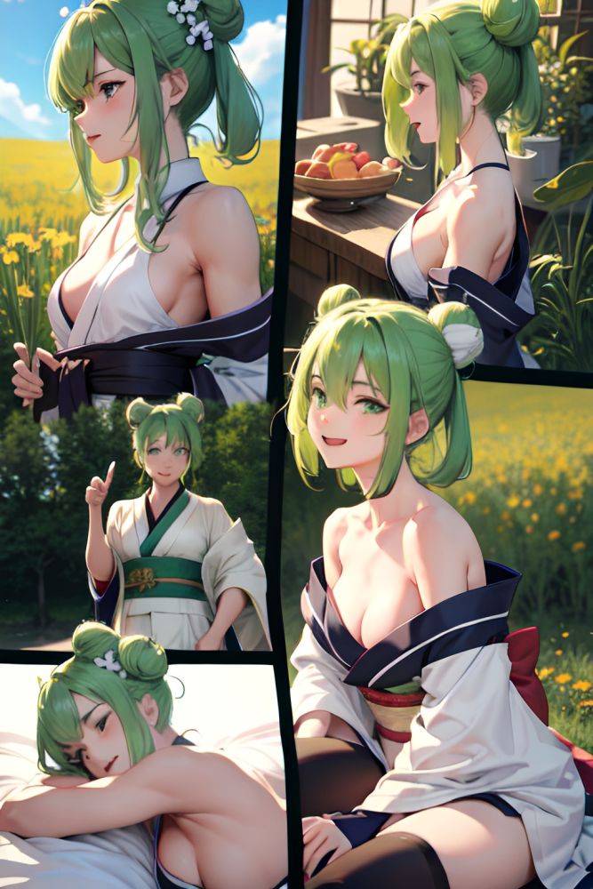 Anime Muscular Small Tits 18 Age Laughing Face Green Hair Hair Bun Hair Style Light Skin Black And White Meadow Side View Sleeping Kimono 3675076816444839328 - AI Hentai - #main