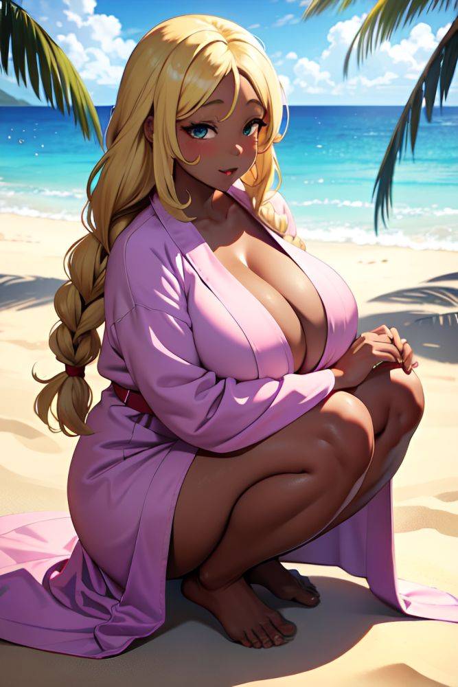 Anime Chubby Huge Boobs 40s Age Ahegao Face Blonde Braided Hair Style Dark Skin Illustration Beach Side View Squatting Bathrobe 3675181183664083493 - AI Hentai - #main