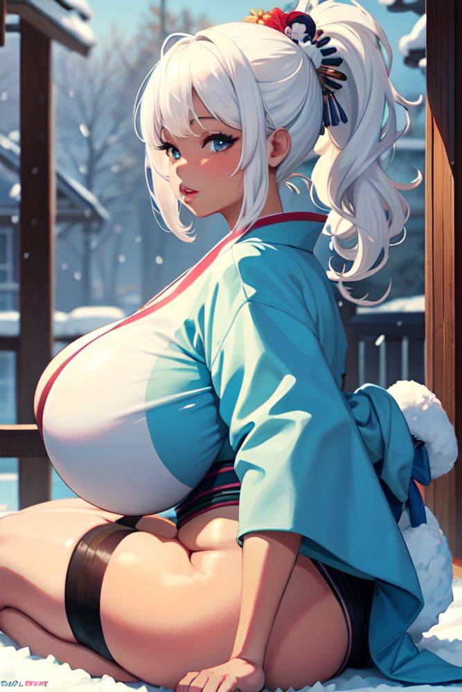 Anime Chubby Huge Boobs 60s Age Pouting Lips Face White Hair Ponytail Hair Style Dark Skin Watercolor Snow Side View Straddling Kimono 3675192780563480560 - AI Hentai - #main