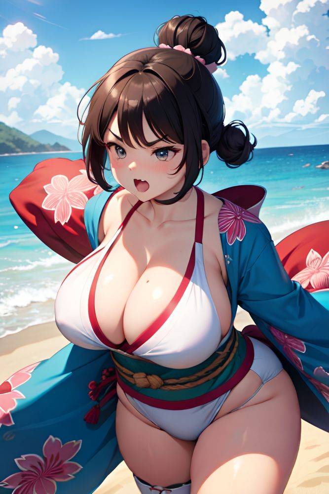 Anime Chubby Huge Boobs 20s Age Angry Face Brunette Hair Bun Hair Style Light Skin Soft Anime Beach Side View Jumping Kimono 3675378323112842138 - AI Hentai - #main