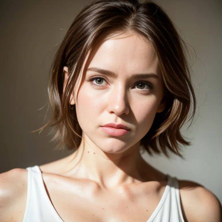 ,white people,woman,twenties,(RAW photo, best quality, masterpiece:1.1), (realistic, photo-realistic:1.2), ultra-detailed, ultra high res, physically-based rendering,short hair,frizzy hair,brown hair,beautiful,sorrow,side eye,(adult:1.5) - #main