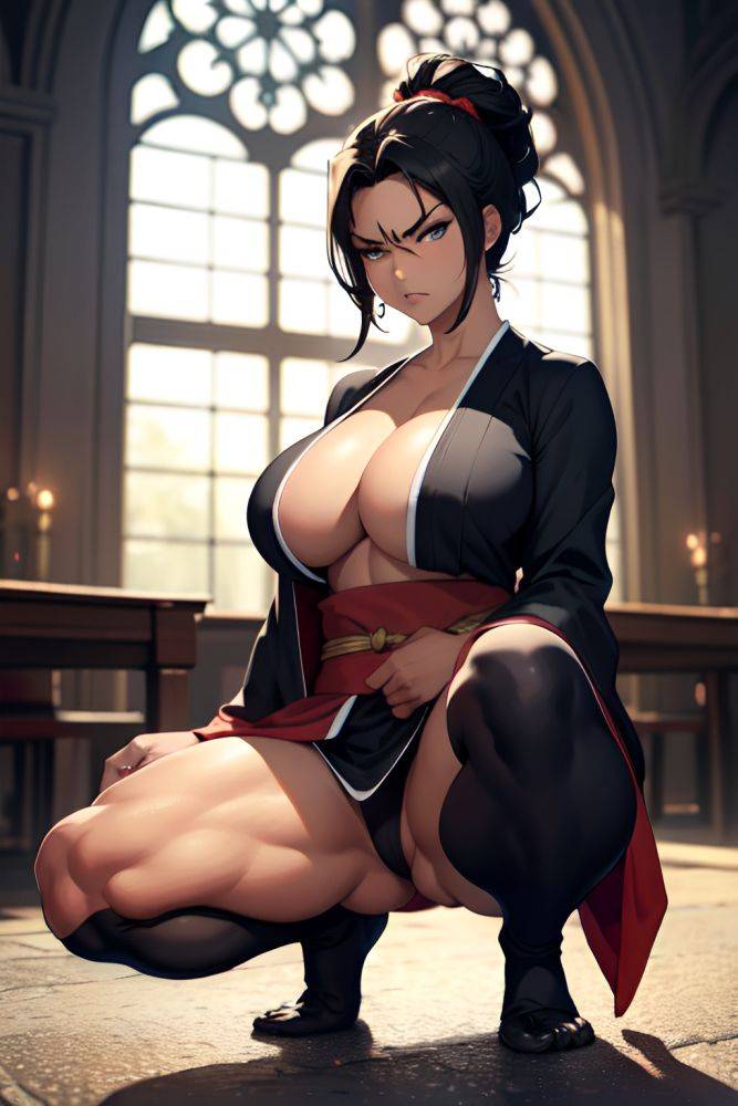 Anime Muscular Huge Boobs 18 Age Angry Face Black Hair Slicked Hair Style Dark Skin Skin Detail (beta) Church Close Up View Squatting Kimono 3675637309684448514 - AI Hentai - #main