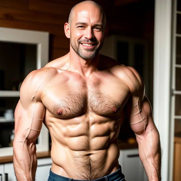 ,white people,manly man,thirties,(RAW photo, best quality, masterpiece:1.1), (realistic, photo-realistic:1.2), ultra-detailed, ultra high res, physically-based rendering,short hair,bald,brown eyes,beautiful,(smile),muscular,(tan:1.2),abs,(adult:1.5) - #main