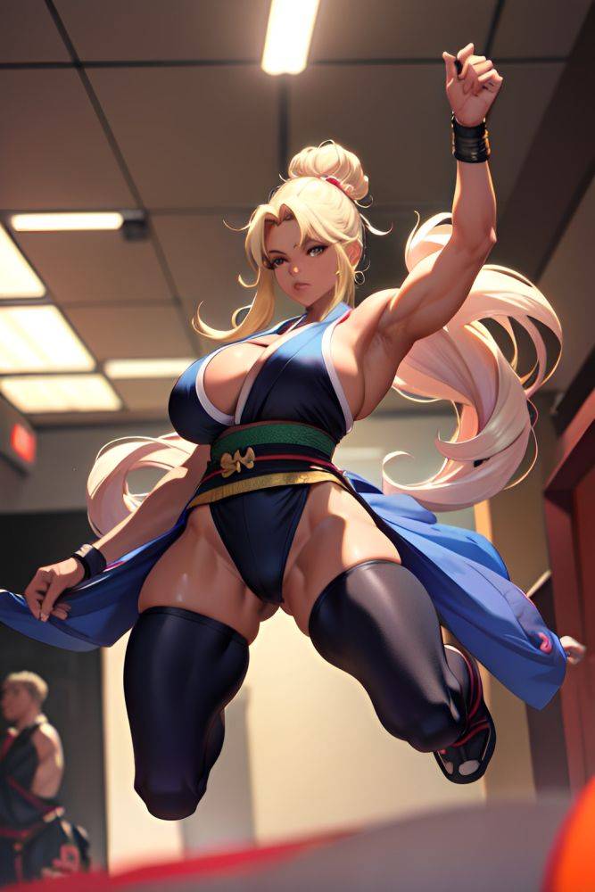 Anime Muscular Huge Boobs 80s Age Serious Face Blonde Hair Bun Hair Style Dark Skin Cyberpunk Gym Front View Jumping Kimono 3675892430240684353 - AI Hentai - #main