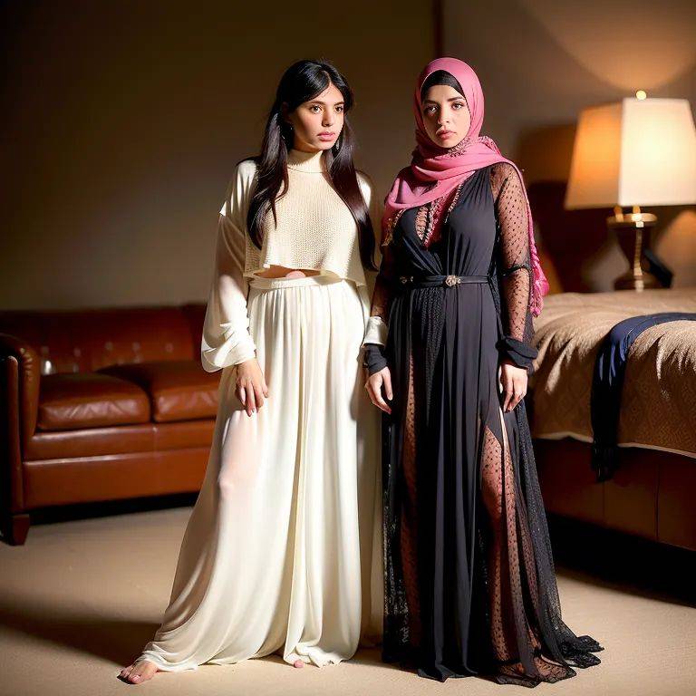, Arabs,(2women:2),twenties,(RAW photo, best quality, masterpiece:1.1), (realistic, photo-realistic:1.2), ultra-detailed, ultra high res, physically-based rendering,long hair,messy hair,black hair,hair behind - #main