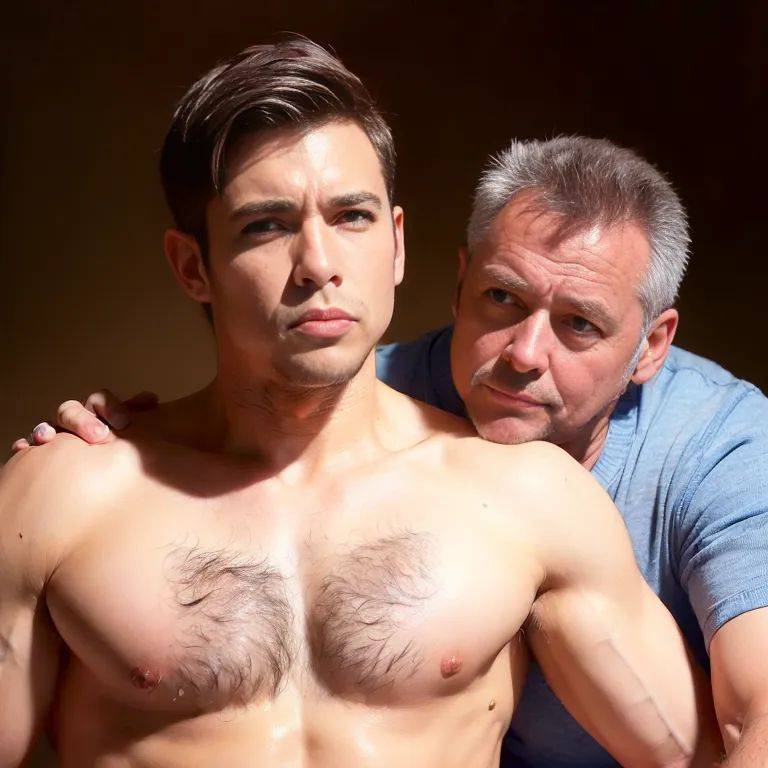 (2men:2), manly man,aging,(RAW photo, best quality, masterpiece:1.1), (realistic, photo-realistic:1.2), ultra-detailed, ultra high res, physically-based rendering,short hair,brown hair,blue eyes,beautiful,crying,Looking - #main