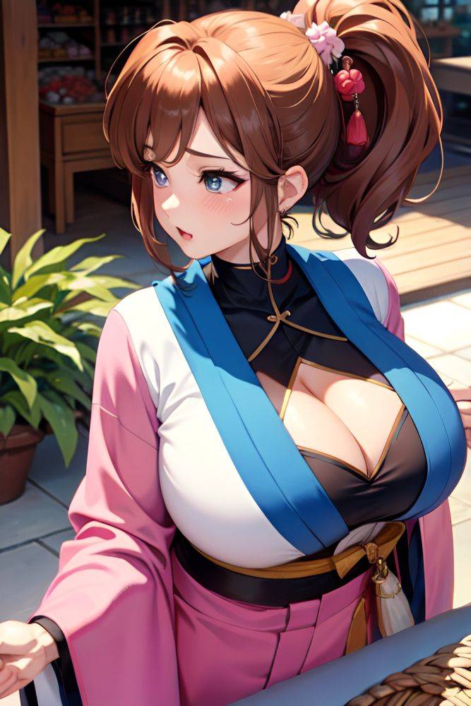 Anime Busty Huge Boobs 80s Age Shocked Face Brunette Ponytail Hair Style Light Skin Watercolor Grocery Close Up View Massage Kimono 3671076051871848608 - AI Hentai - #main