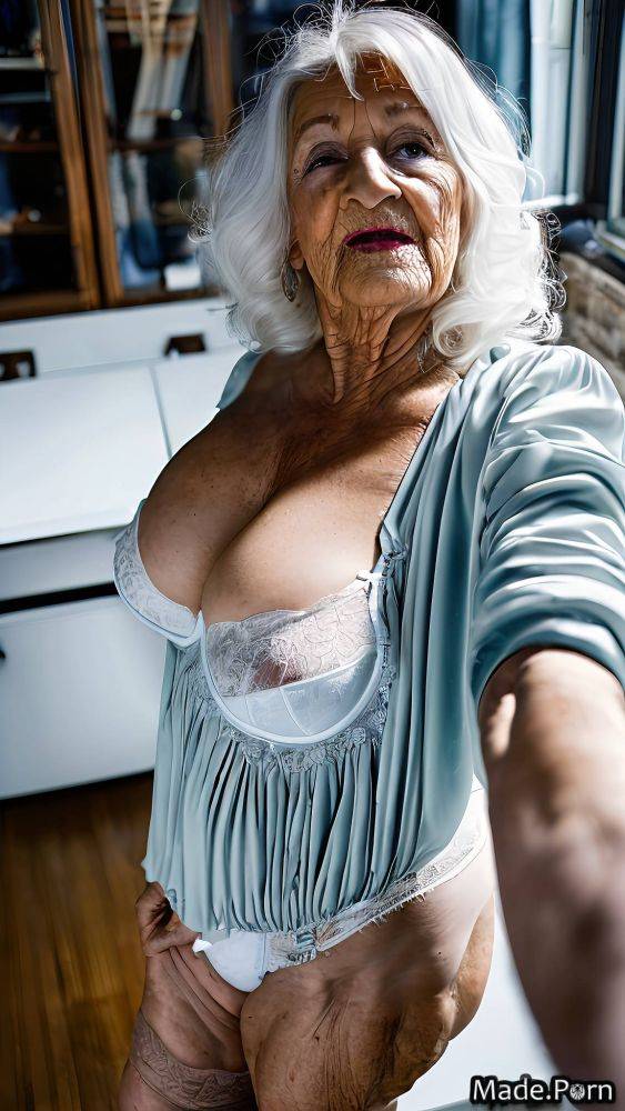 Saggy tits slutty bangs hair white hair lingerie woman full shot AI porn - #main