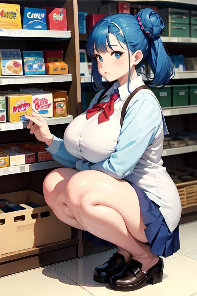 Anime Chubby Huge Boobs 70s Age Serious Face Blue Hair Hair Bun Hair Style Light Skin Watercolor Grocery Front View Squatting Schoolgirl 3676217129772445420 - AI Hentai - #main