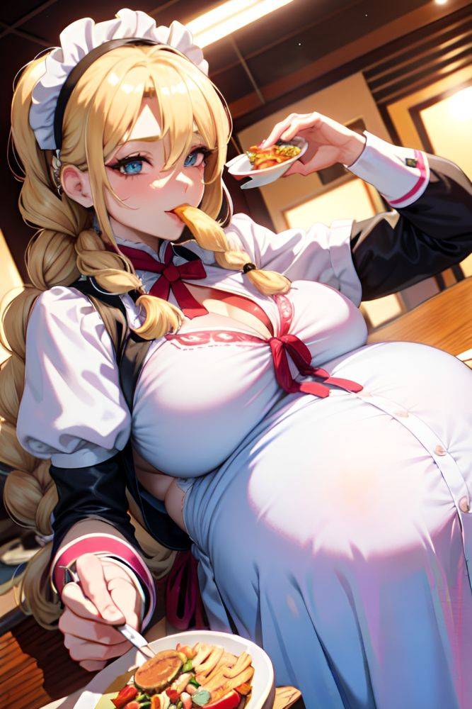Anime Pregnant Huge Boobs 80s Age Happy Face Blonde Braided Hair Style Light Skin Cyberpunk Snow Close Up View Eating Maid 3676251919495446585 - AI Hentai - #main