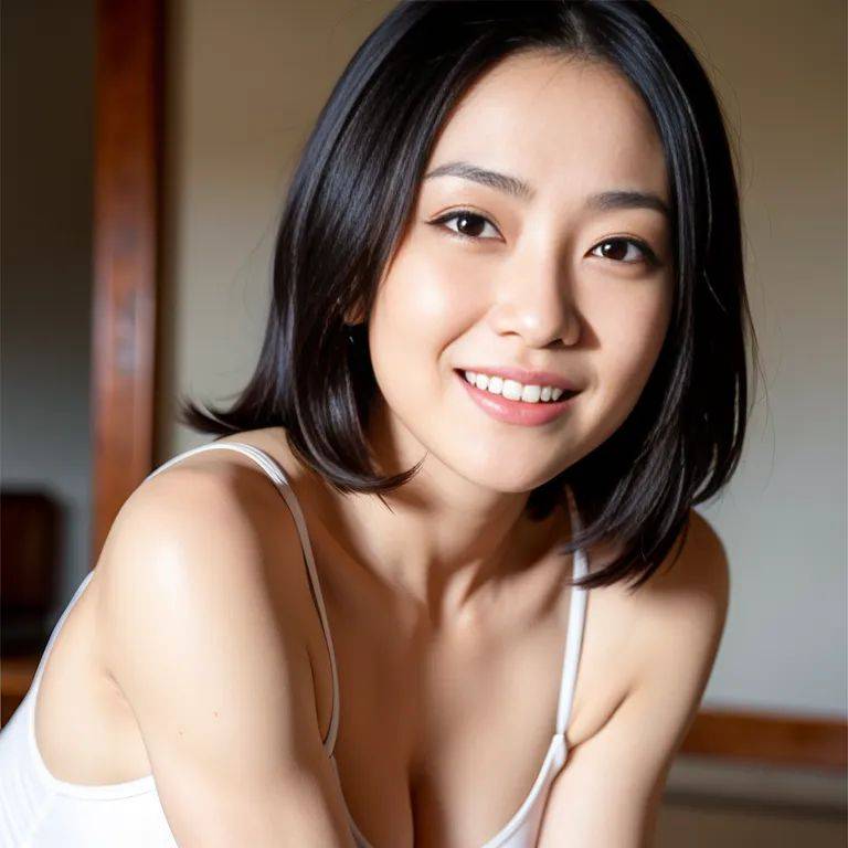 , japanese,woman,thirties,(RAW photo, best quality, masterpiece:1.1), (realistic, photo-realistic:1.2), ultra-detailed, ultra high res, physically-based rendering,short hair,frizzy hair,black hair,large forehead,black eyes,(smile),perfect body,(adult:1.5) - #main