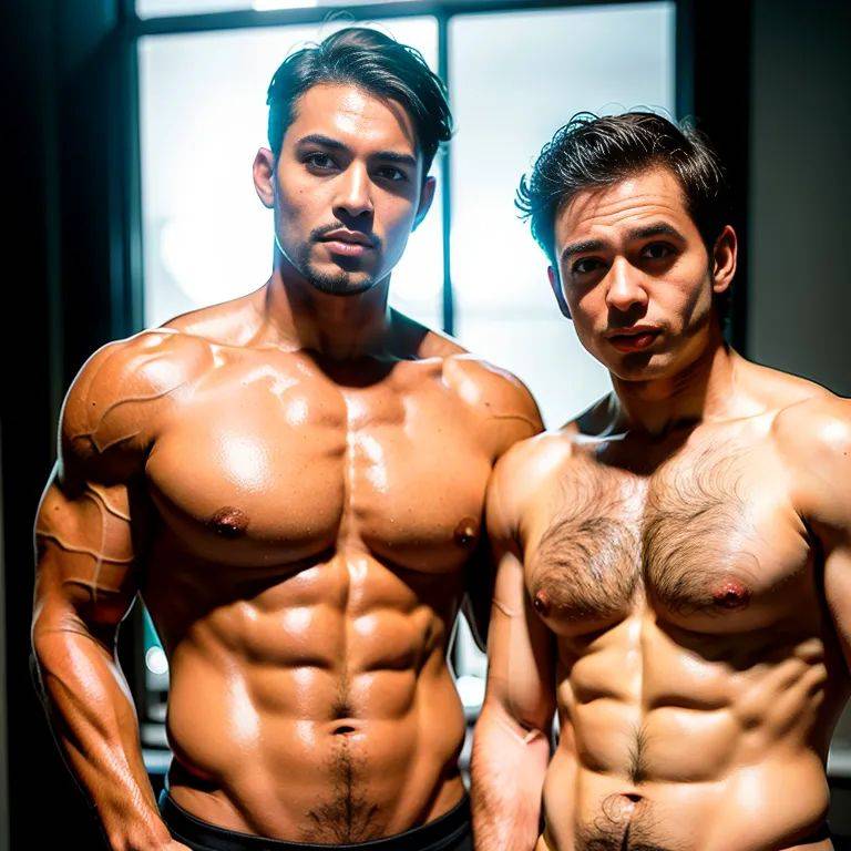 , latino,(2men:2), manly man,twenties,(RAW photo, best quality, masterpiece:1.1), (realistic, photo-realistic:1.2), ultra-detailed, ultra high res, physically-based rendering,short hair,messy hair,brown hair,brown - #main