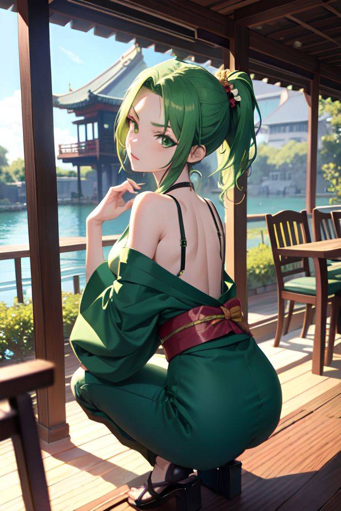 Anime Skinny Small Tits 18 Age Seductive Face Green Hair Slicked Hair Style Light Skin Dark Fantasy Cafe Back View Squatting Kimono 3671617217757906890 - AI Hentai - #main