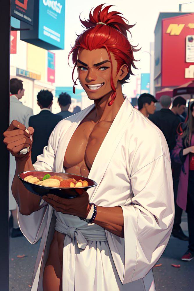 Anime Muscular Small Tits 80s Age Laughing Face Ginger Slicked Hair Style Dark Skin Cyberpunk Club Front View Eating Bathrobe 3671972843201622747 - AI Hentai - #main
