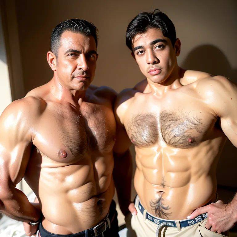 , Arabs,(2men:2), manly man,thirties,(RAW photo, best quality, masterpiece:1.1), (realistic, photo-realistic:1.2), ultra-detailed, ultra high res, physically-based rendering,brown eyes,beautiful,seductive,Looking at - #main