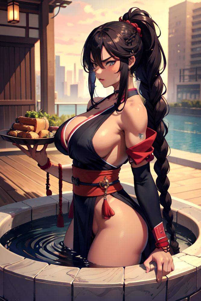 Anime Muscular Huge Boobs 18 Age Angry Face Brunette Braided Hair Style Dark Skin Cyberpunk Hot Tub Side View Eating Kimono 3676360152672881706 - AI Hentai - #main