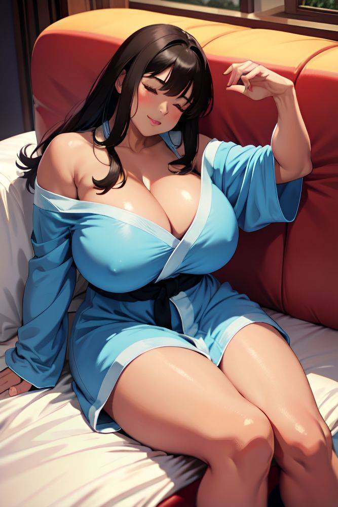 Anime Muscular Huge Boobs 80s Age Happy Face Brunette Bangs Hair Style Dark Skin Illustration Couch Front View Sleeping Bathrobe 3676425865185804372 - AI Hentai - #main