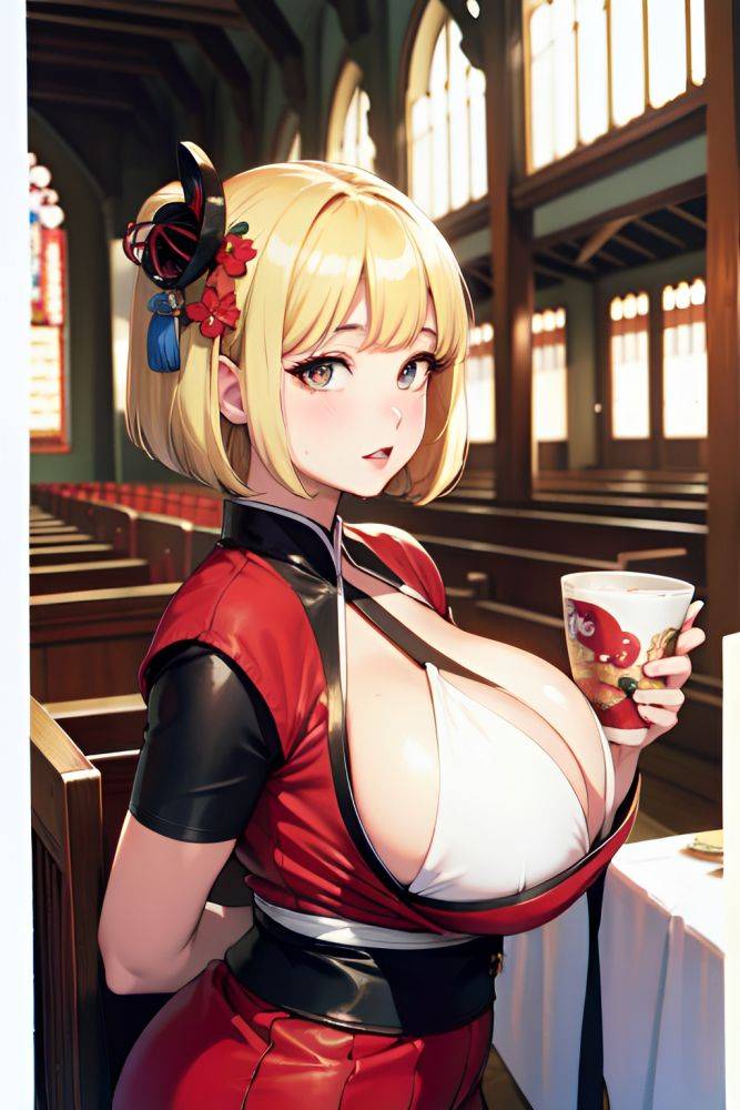 Anime Chubby Huge Boobs 70s Age Seductive Face Blonde Bobcut Hair Style Light Skin Film Photo Church Back View Eating Geisha 3678327676713543994 - AI Hentai - #main