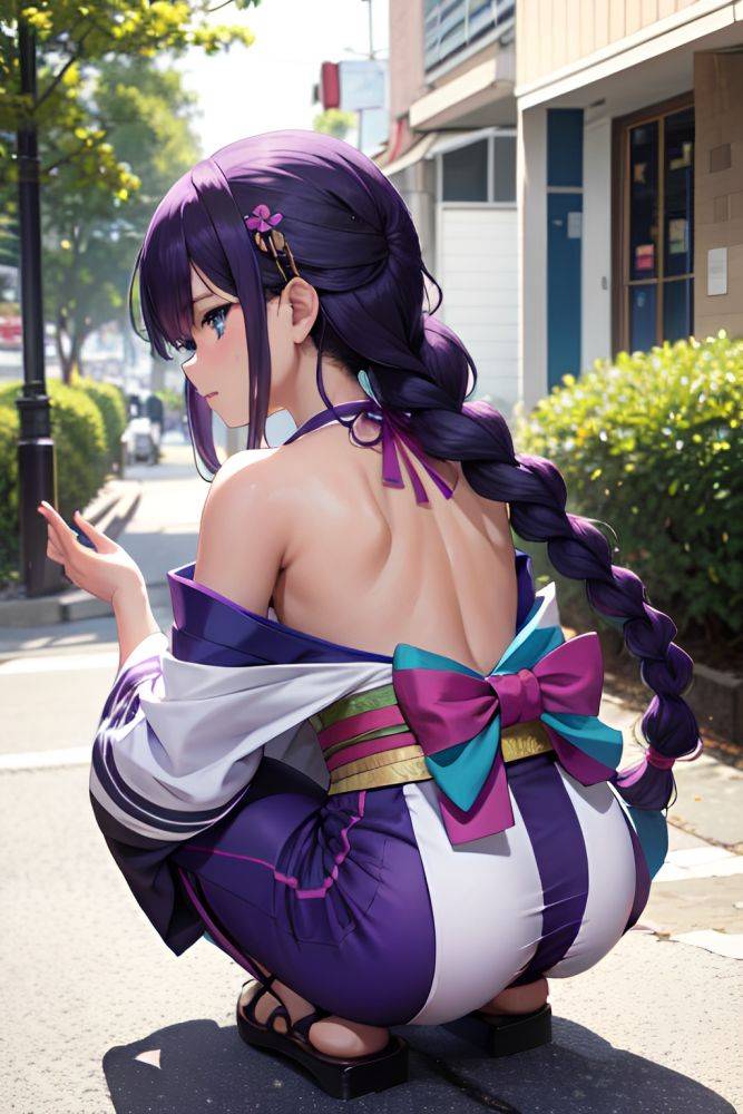 Anime Busty Small Tits 70s Age Serious Face Purple Hair Braided Hair Style Light Skin Black And White Club Back View Squatting Kimono 3678354734991181745 - AI Hentai - #main