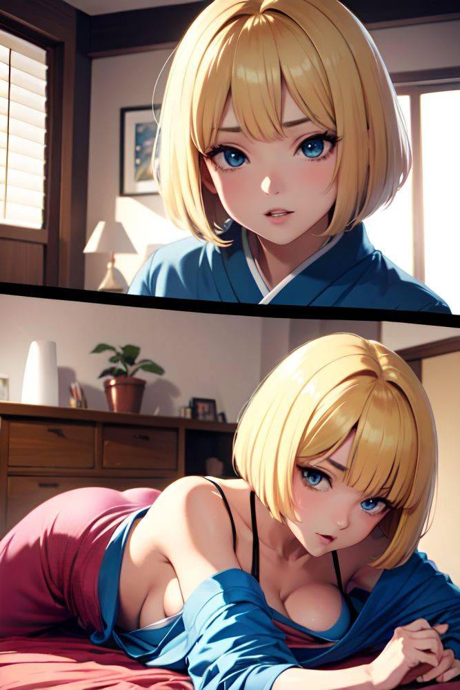 Anime Skinny Huge Boobs 80s Age Shocked Face Blonde Bobcut Hair Style Dark Skin Warm Anime Bedroom Close Up View Jumping Kimono 3678520950715178767 - AI Hentai - #main