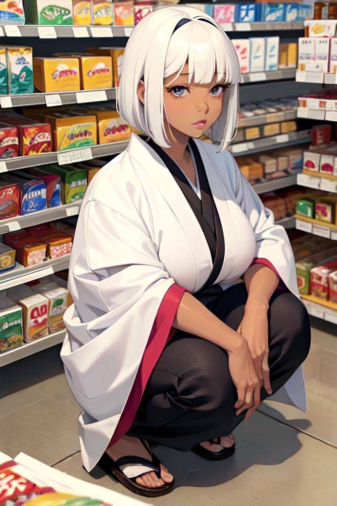 Anime Skinny Huge Boobs 30s Age Sad Face White Hair Bangs Hair Style Dark Skin Illustration Grocery Close Up View Squatting Kimono 3678880439482564106 - AI Hentai - #main