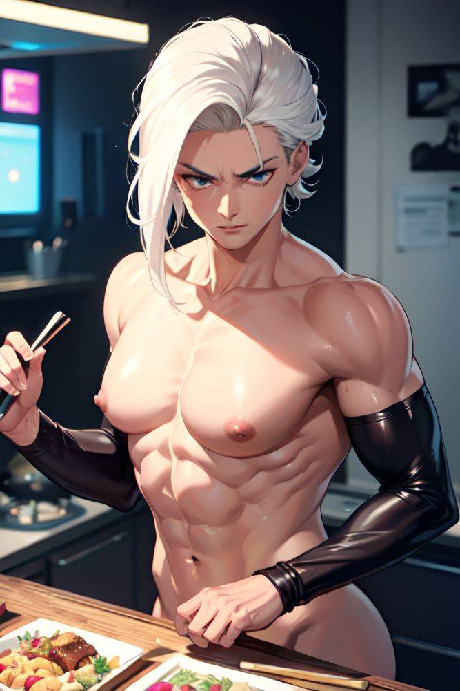 Anime Muscular Small Tits 30s Age Serious Face White Hair Slicked Hair Style Dark Skin Cyberpunk Club Close Up View Cooking Nude 3679464125545555657 - AI Hentai - #main