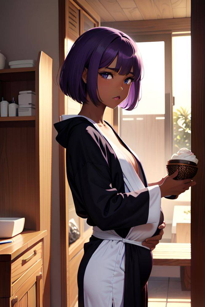 Anime Pregnant Small Tits 80s Age Sad Face Purple Hair Bobcut Hair Style Dark Skin Black And White Desert Back View Eating Bathrobe 3676576618987281525 - AI Hentai - #main