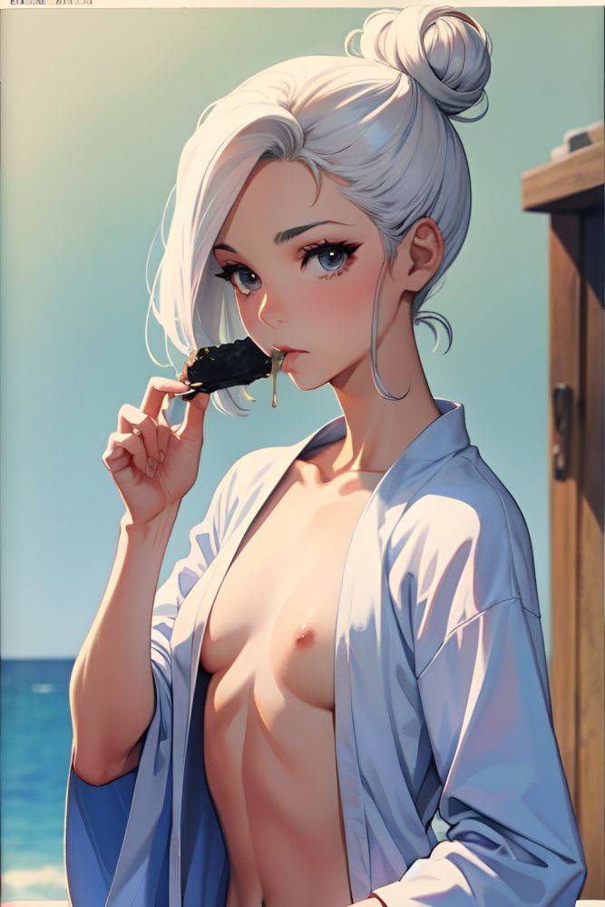 Anime Skinny Small Tits 60s Age Shocked Face White Hair Hair Bun Hair Style Light Skin Watercolor Prison Front View Eating Bathrobe 3679846807095669429 - AI Hentai - #main