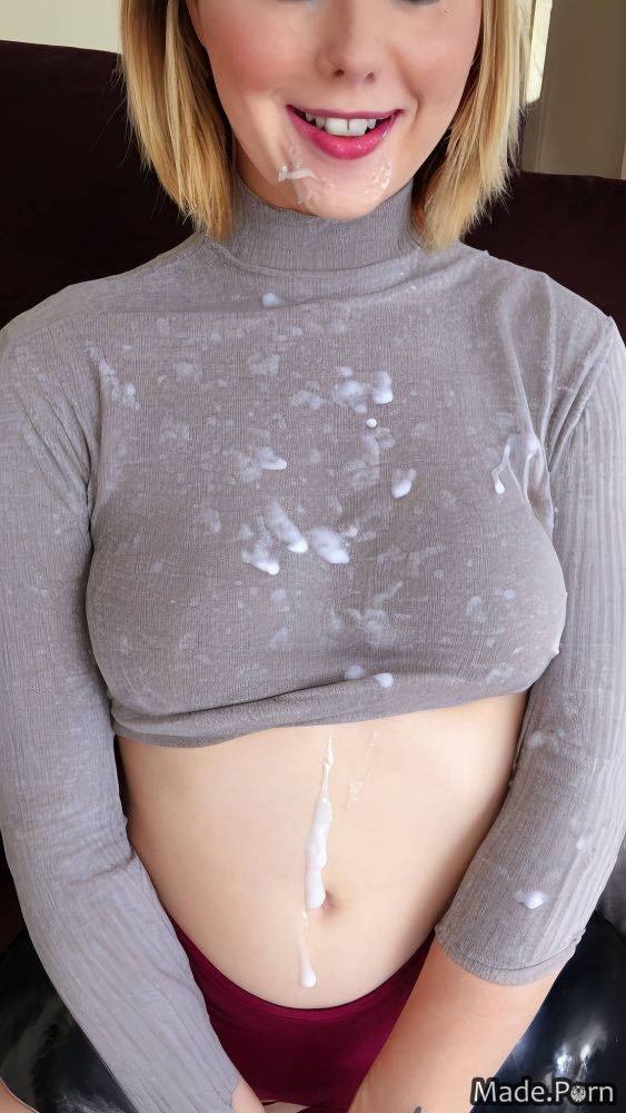 Short hair babe looking at viewer cum on tits close up busty orange AI porn - #main
