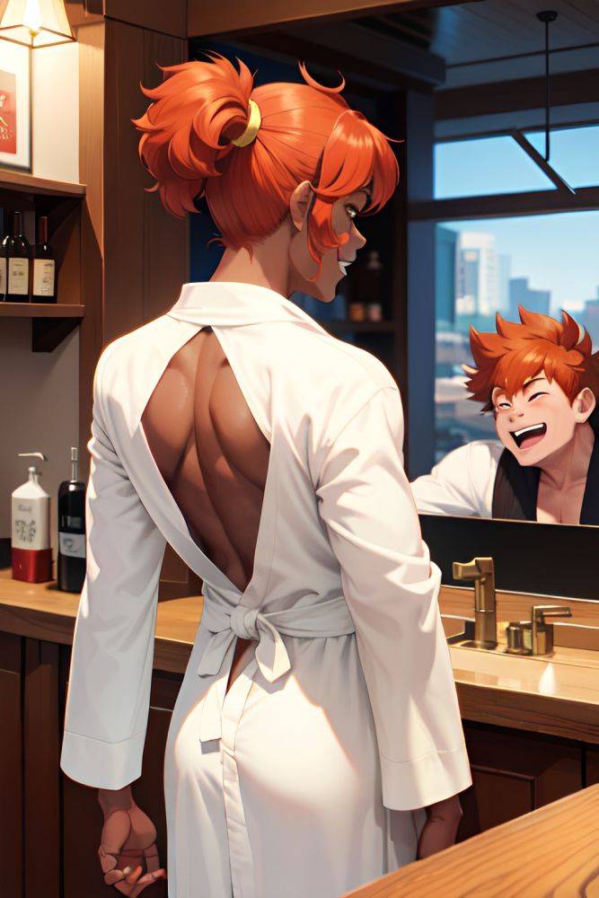 Anime Muscular Small Tits 80s Age Laughing Face Ginger Pixie Hair Style Dark Skin Comic Restaurant Back View Plank Bathrobe 3680844096873465636 - AI Hentai - #main