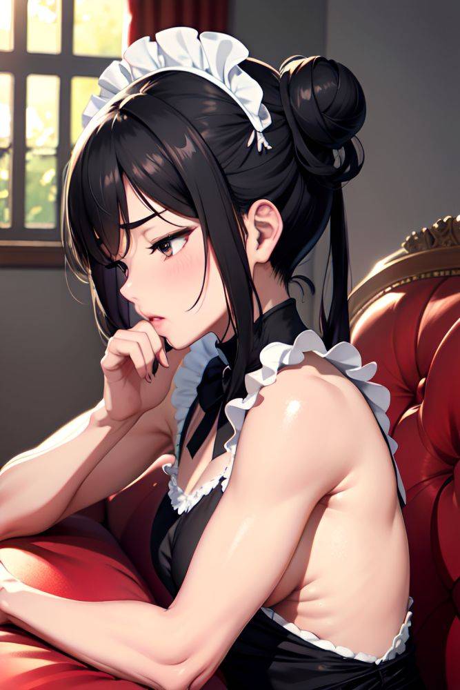 Anime Muscular Small Tits 40s Age Pouting Lips Face Black Hair Hair Bun Hair Style Dark Skin Charcoal Couch Side View Sleeping Maid 3681559209005568130 - AI Hentai - #main