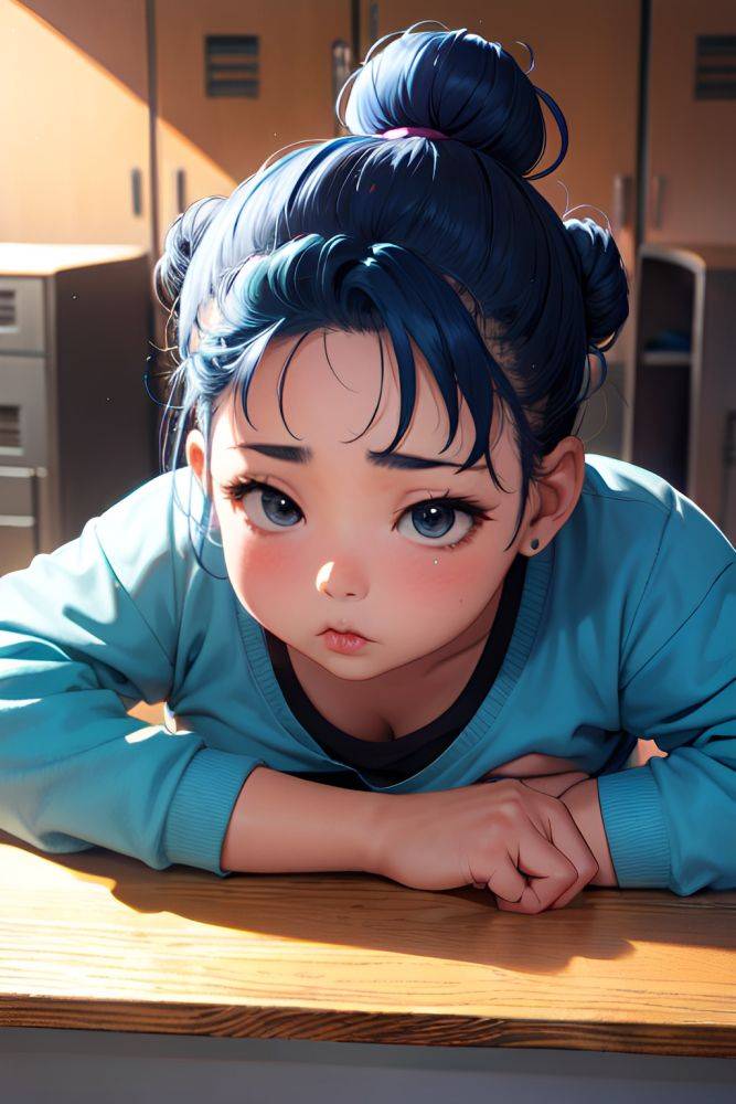 Anime Chubby Small Tits 80s Age Pouting Lips Face Blue Hair Hair Bun Hair Style Dark Skin Charcoal Locker Room Close Up View Plank Teacher 3681748618590252713 - AI Hentai - #main