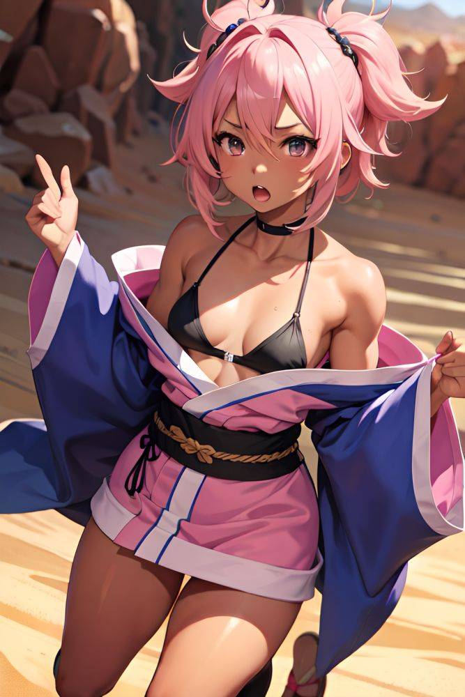 Anime Muscular Small Tits 18 Age Shocked Face Pink Hair Messy Hair Style Dark Skin Soft Anime Desert Front View Jumping Kimono 3681775675274601876 - AI Hentai - #main