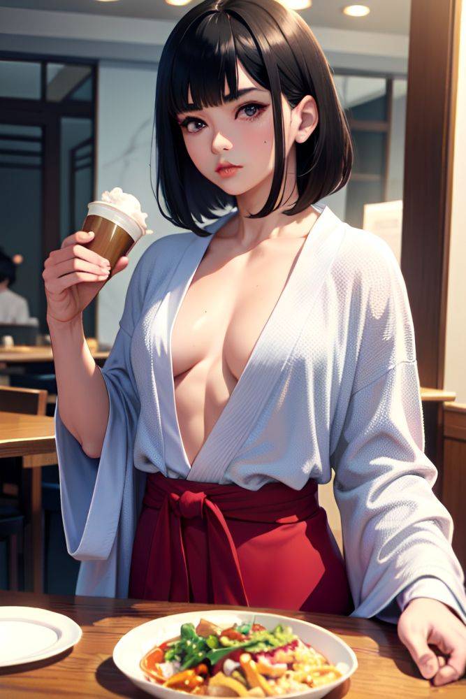 Anime Muscular Small Tits 80s Age Pouting Lips Face Black Hair Bobcut Hair Style Light Skin Soft + Warm Restaurant Close Up View Eating Bathrobe 3676959300618907070 - AI Hentai - #main