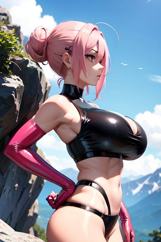 Anime Skinny Huge Boobs 20s Age Sad Face Pink Hair Hair Bun Hair Style Dark Skin Skin Detail (beta) Mountains Side View Working Out Latex 3677094591586380349 - AI Hentai - #main