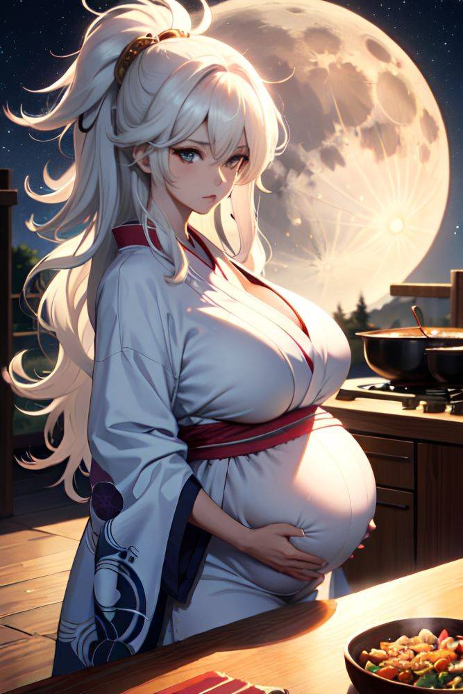 Anime Pregnant Huge Boobs 70s Age Serious Face White Hair Messy Hair Style Light Skin Crisp Anime Moon Front View Cooking Kimono 3677168036015464118 - AI Hentai - #main