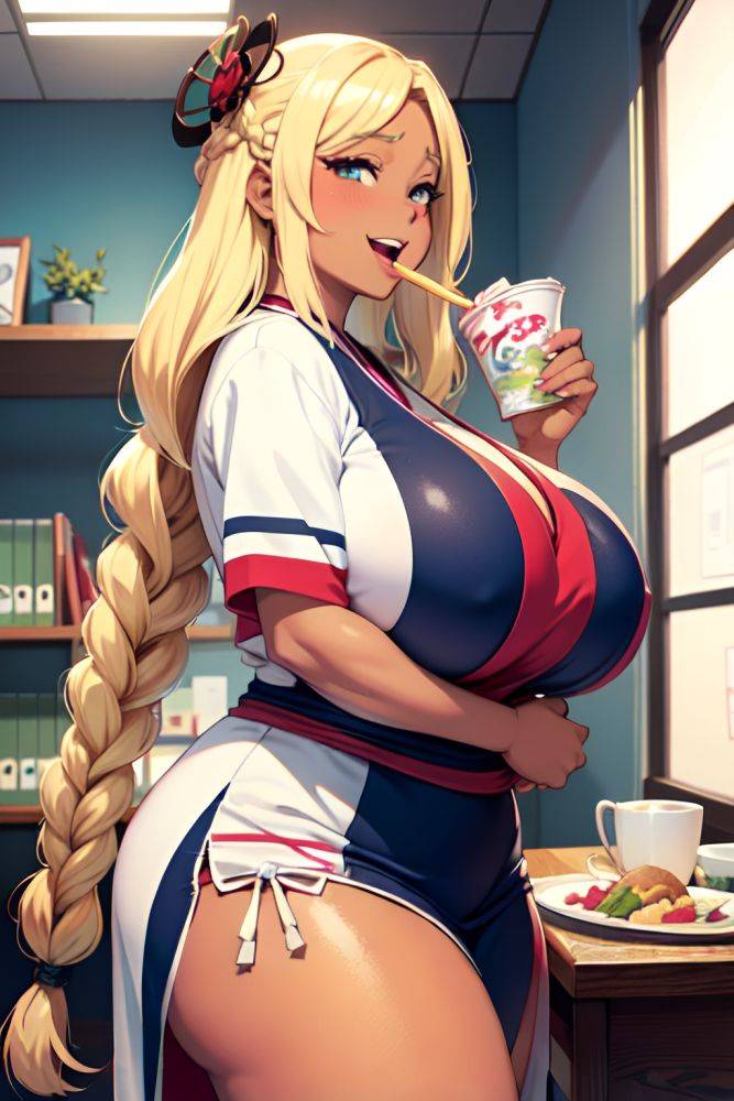 Anime Chubby Huge Boobs 60s Age Laughing Face Blonde Braided Hair Style Dark Skin Comic Office Front View Eating Geisha 3681976679831704671 - AI Hentai - #main