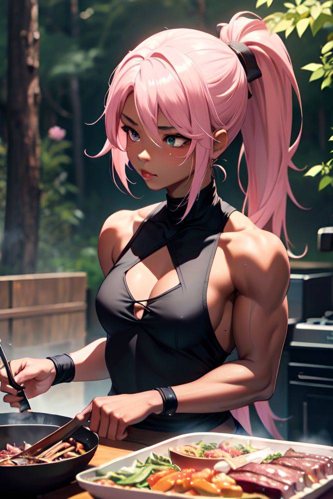 Anime Muscular Small Tits 20s Age Pouting Lips Face Pink Hair Ponytail Hair Style Dark Skin Charcoal Forest Front View Cooking Goth 3683584717113682714 - AI Hentai - #main