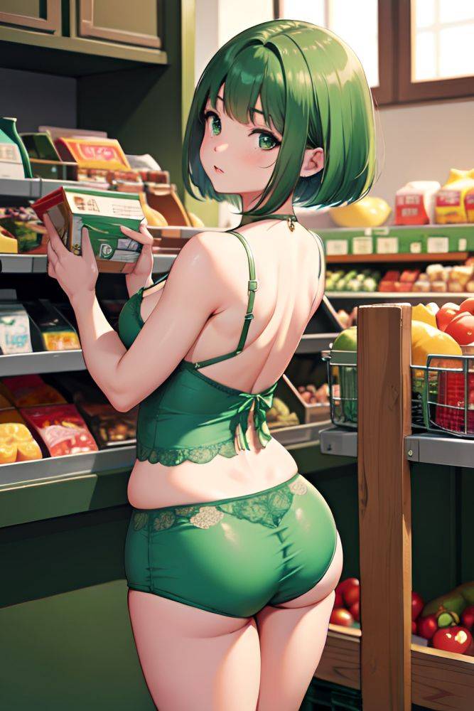 Anime Chubby Small Tits 20s Age Serious Face Green Hair Bobcut Hair Style Light Skin Soft + Warm Grocery Back View Plank Lingerie 3683735470467405829 - AI Hentai - #main
