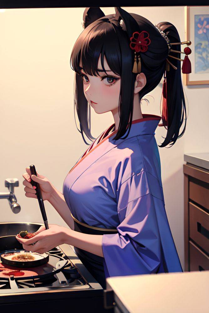 Anime Busty Small Tits 60s Age Serious Face Black Hair Bangs Hair Style Dark Skin Watercolor Oasis Front View Cooking Geisha 3683812779879498130 - AI Hentai - #main