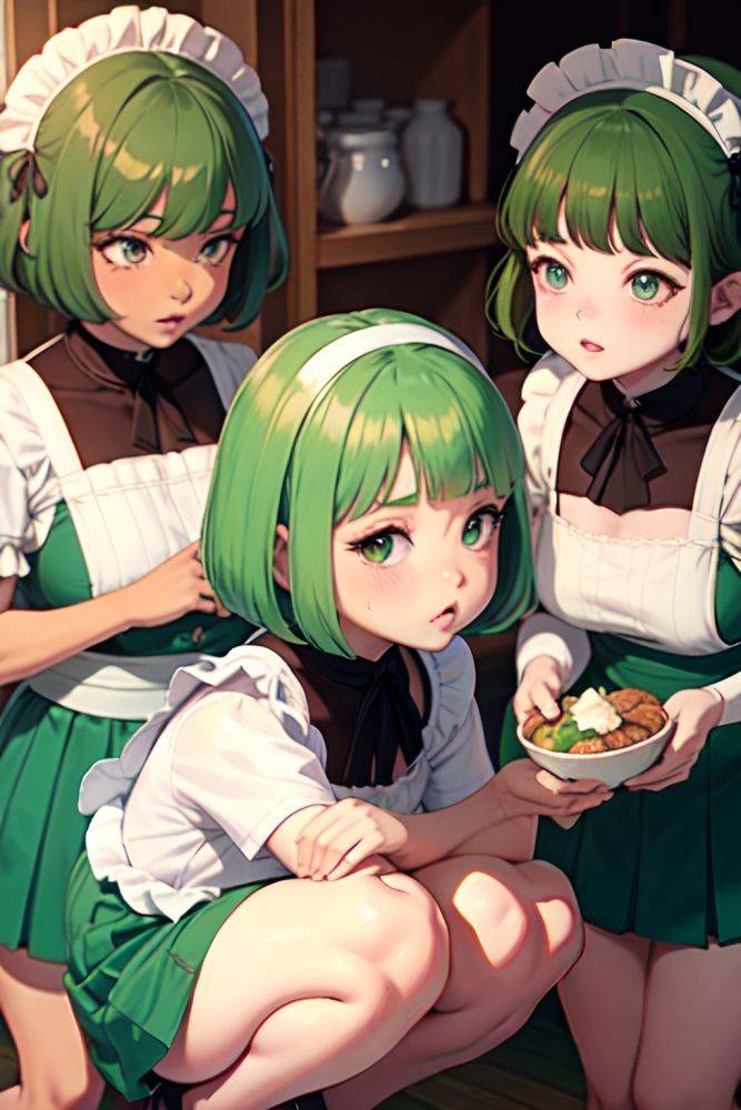 Anime Chubby Small Tits 70s Age Pouting Lips Face Green Hair Bobcut Hair Style Dark Skin Crisp Anime Desert Side View Squatting Maid 3684067900939653889 - AI Hentai - #main