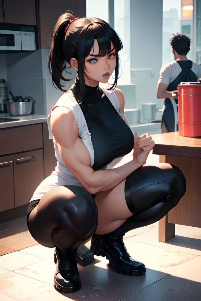 Anime Muscular Huge Boobs 20s Age Angry Face Black Hair Bangs Hair Style Dark Skin Cyberpunk Kitchen Front View Squatting Nurse 3684299830426263075 - AI Hentai - #main