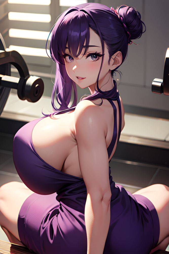 Anime Skinny Huge Boobs 40s Age Happy Face Purple Hair Hair Bun Hair Style Dark Skin Dark Fantasy Gym Side View Straddling Bathrobe 3684377135891665829 - AI Hentai - #main