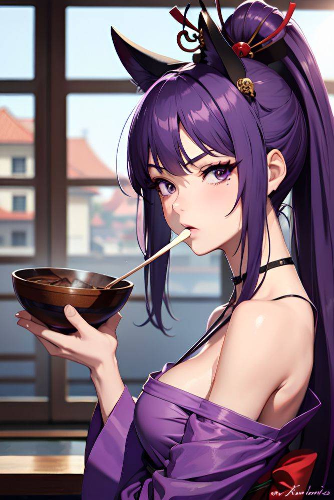 Anime Skinny Small Tits 60s Age Serious Face Purple Hair Ponytail Hair Style Dark Skin Soft + Warm Prison Front View Eating Geisha 3684663184663783477 - AI Hentai - #main